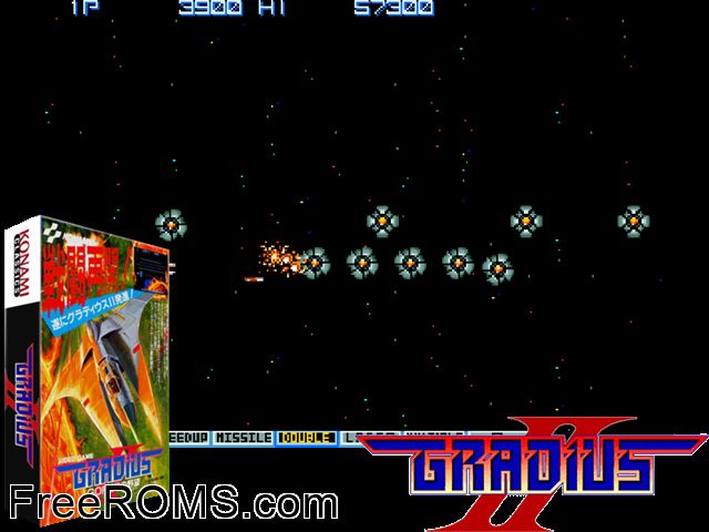 Gradius 2 NES game showing 3D box cover and gameplay screenshot