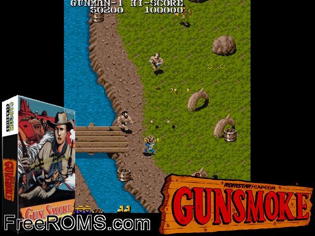 Gunsmoke NES game showing 3D box cover and gameplay screenshot