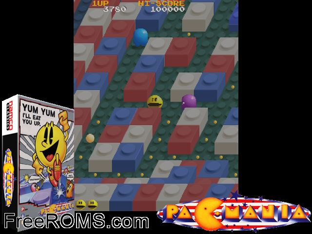 Pac-Mania NES game showing 3D box cover and gameplay screenshot