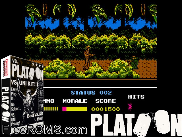Platoon NES game showing 3D box cover and gameplay screenshot