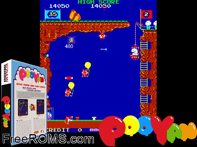 Pooyan NES game showing 3D box cover and gameplay screenshot