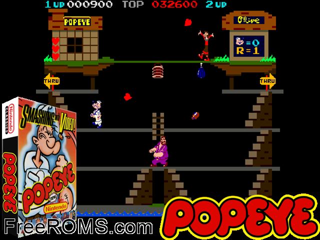 Popeye NES game showing 3D box cover and gameplay screenshot