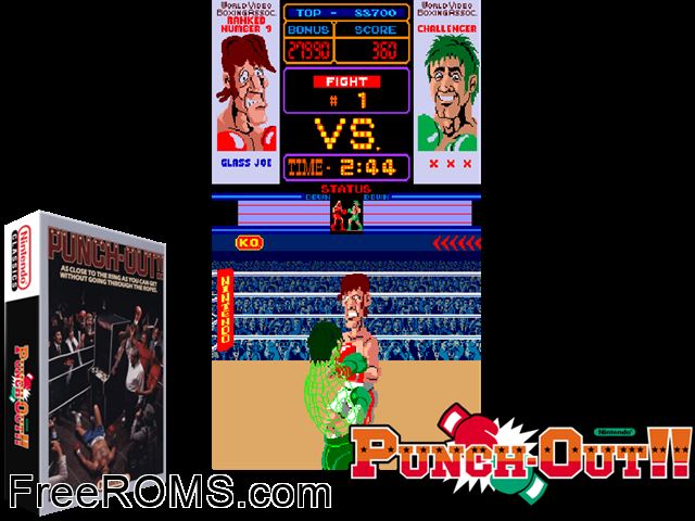 Punch-Out!! NES game showing 3D box cover and gameplay screenshot
