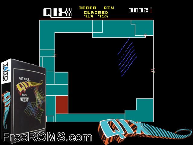 Qix NES game showing 3D box cover and gameplay screenshot