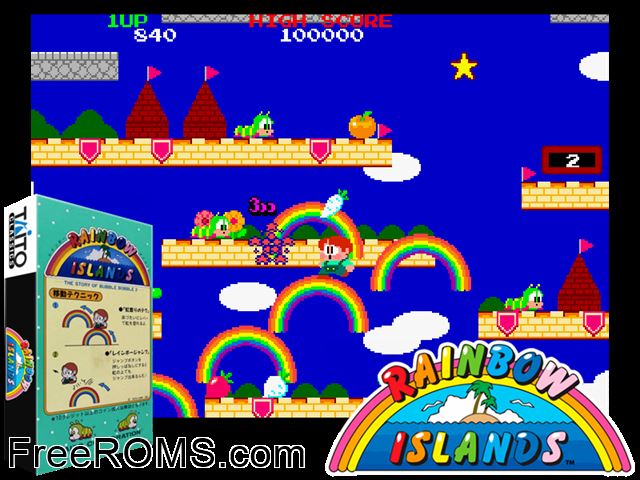 Rainbow Islands NES game showing 3D box cover and gameplay screenshot