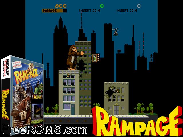 Rampage NES game showing 3D box cover and gameplay screenshot