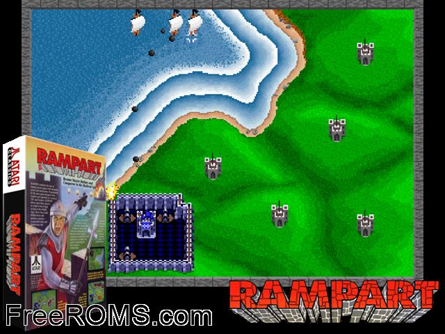 Rampart NES game showing 3D box cover and gameplay screenshot