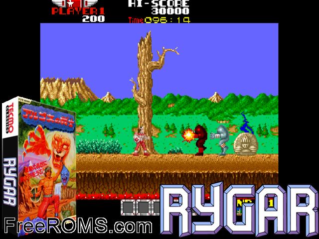 Rygar NES game showing 3D box cover and gameplay screenshot