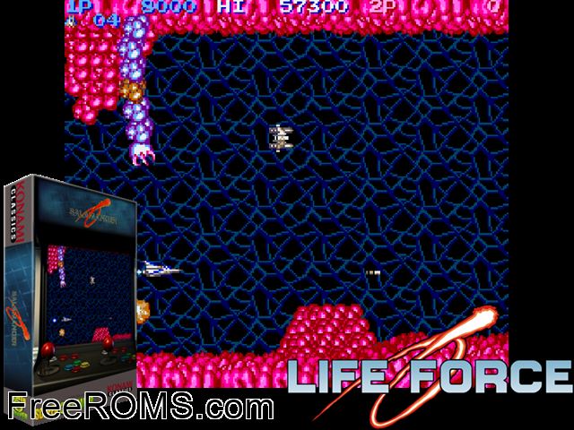 Salamander Jap NES game showing 3D box cover and gameplay screenshot