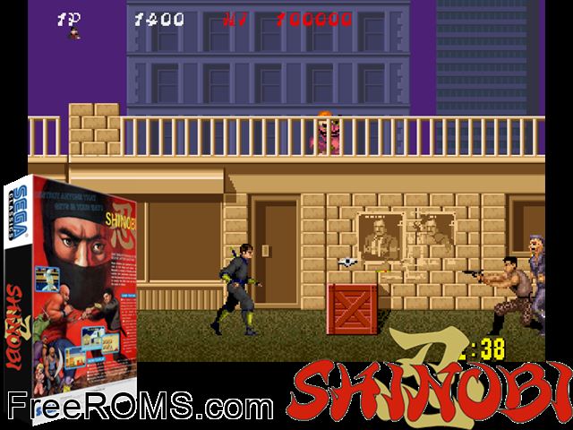 Shinobi NES game showing 3D box cover and gameplay screenshot