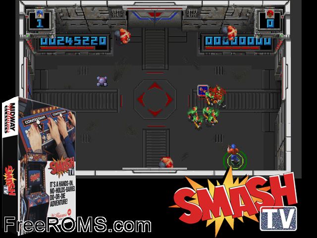 Smash TV NES game showing 3D box cover and gameplay screenshot