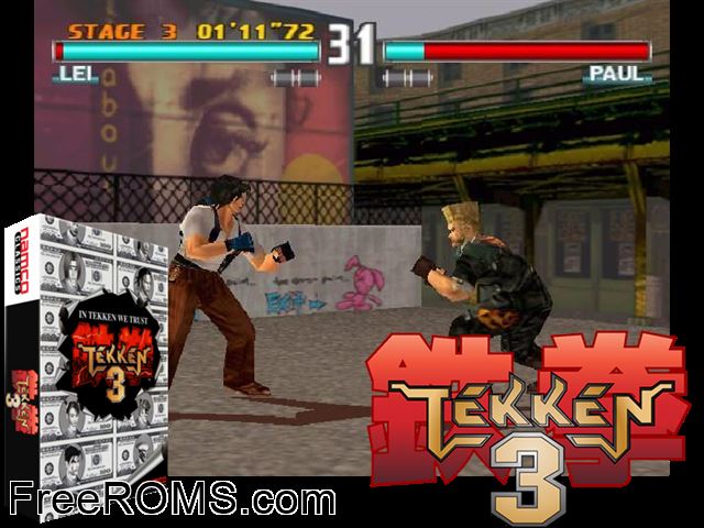 Tekken 3 NES game showing 3D box cover and gameplay screenshot