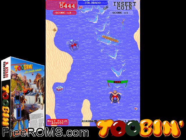 Toobin' NES game showing 3D box cover and gameplay screenshot