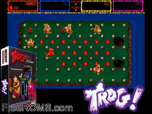 Trog NES game showing 3D box cover and gameplay screenshot