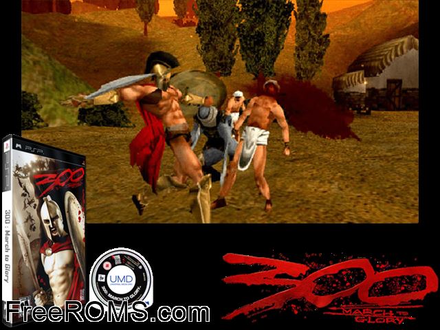 300 - march to glory PSP game showing 3D box cover and gameplay screenshot
