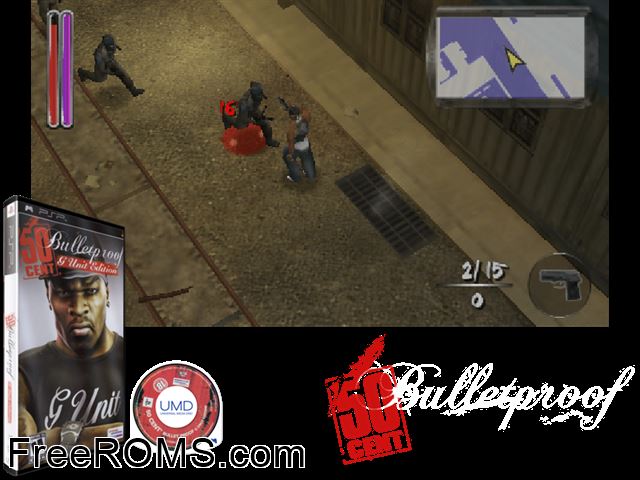 50 cent - bulletproof - g-unit edition PSP game showing 3D box cover and gameplay screenshot