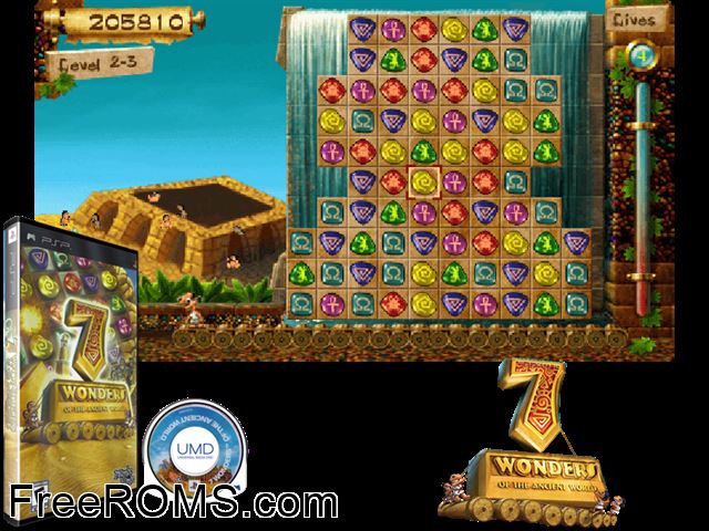7 wonders of the ancient world PSP game showing 3D box cover and gameplay screenshot
