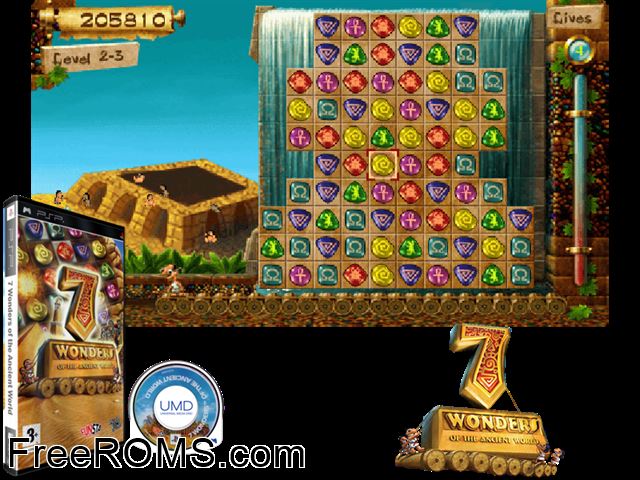 7 wonders of the ancient world (europe) PSP game showing 3D box cover and gameplay screenshot