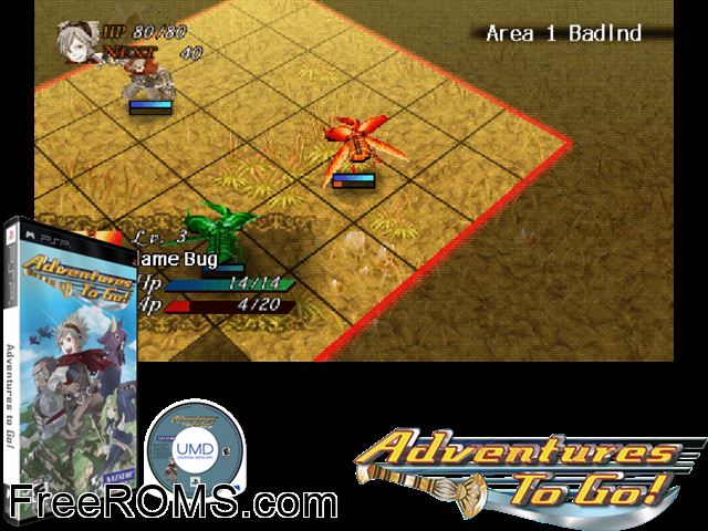 Adventures to Go! PSP game showing 3D box cover and gameplay screenshot