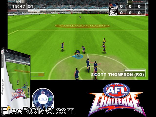 AFL Challenge (Europe) PSP game showing 3D box cover and gameplay screenshot