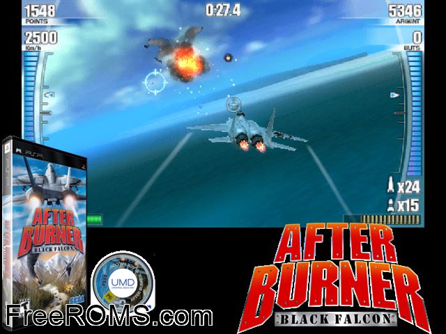 After Burner - Black Falcon PSP game showing 3D box cover and gameplay screenshot