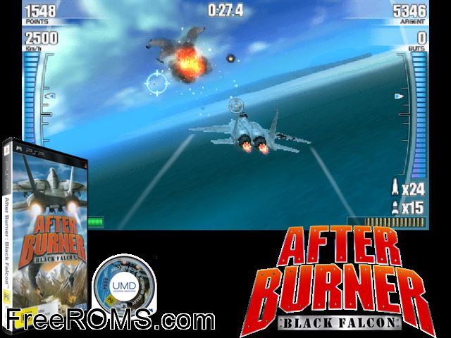 After Burner - Black Falcon (Europe) PSP game showing 3D box cover and gameplay screenshot