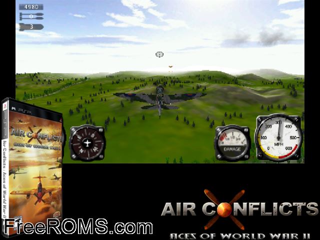Air Conflicts - Aces of World War II PSP game showing 3D box cover and gameplay screenshot
