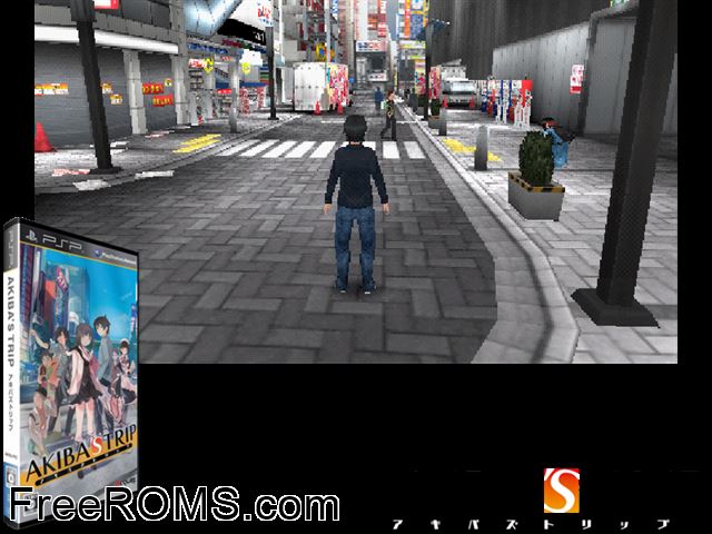 Akiba's Trip (Japan) PSP game showing 3D box cover and gameplay screenshot