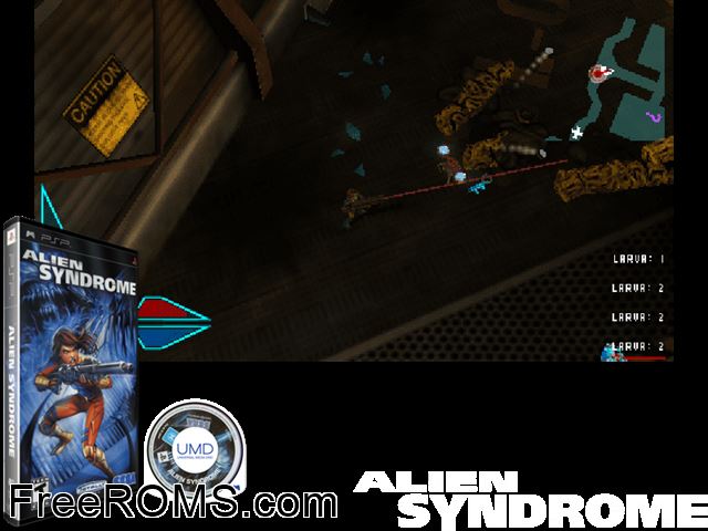Alien Syndrome PSP game showing 3D box cover and gameplay screenshot