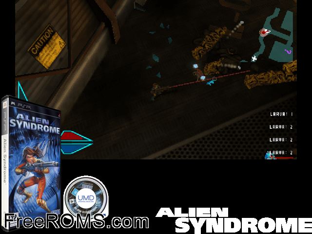 Alien Syndrome (Europe) PSP game showing 3D box cover and gameplay screenshot