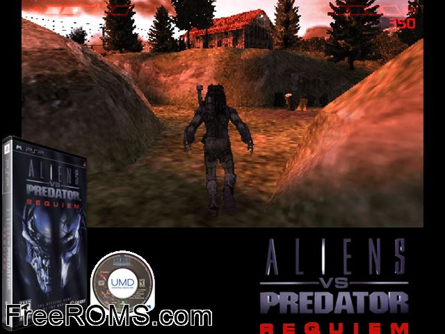 Aliens vs. Predator - Requiem (Europe) PSP game showing 3D box cover and gameplay screenshot
