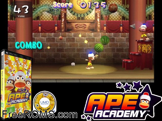 Ape Academy (Europe) PSP game showing 3D box cover and gameplay screenshot
