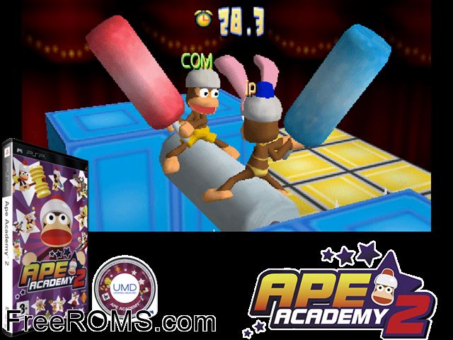Ape Academy 2 (Europe) PSP game showing 3D box cover and gameplay screenshot