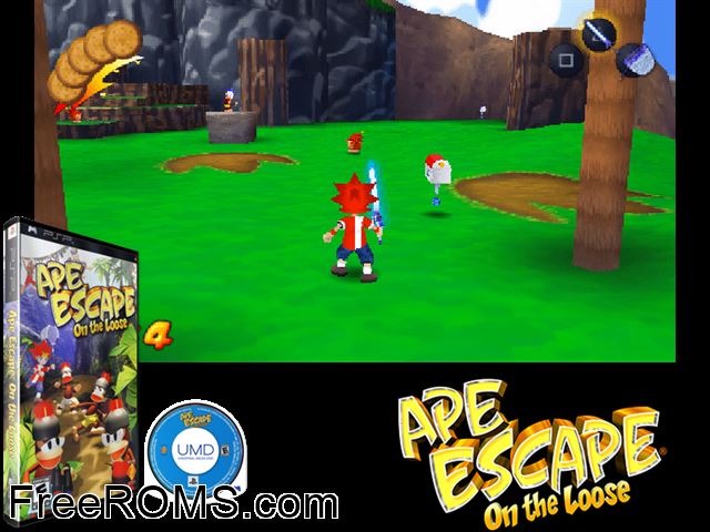 Ape Escape - on The Loose PSP game showing 3D box cover and gameplay screenshot