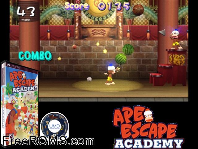 Ape Escape Academy PSP game showing 3D box cover and gameplay screenshot