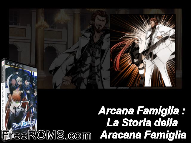 Arcana Famiglia - la Storia Della Aracana Famiglia (Japan) PSP game showing 3D box cover and gameplay screenshot