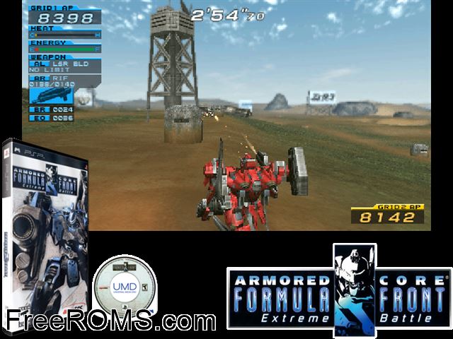 Armored Core - Formula Front Extreme Battle PSP game showing 3D box cover and gameplay screenshot
