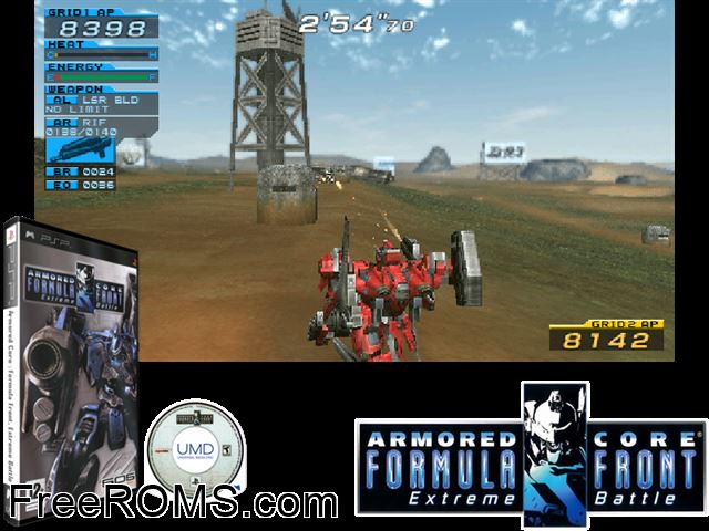 Armored Core - Formula Front Extreme Battle (Europe) PSP game showing 3D box cover and gameplay screenshot