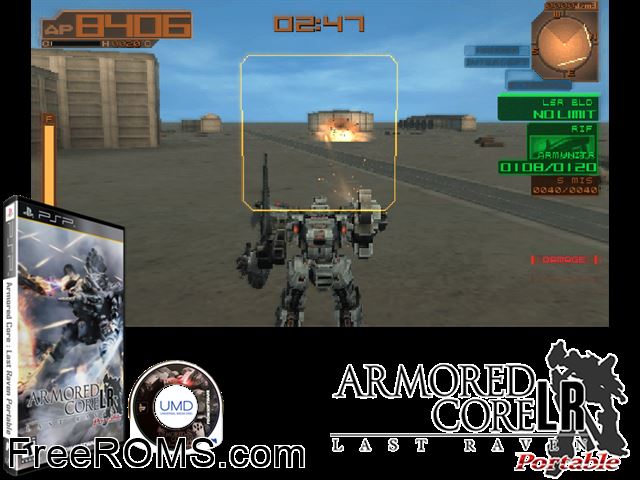Armored Core - Last Raven Portable PSP game showing 3D box cover and gameplay screenshot