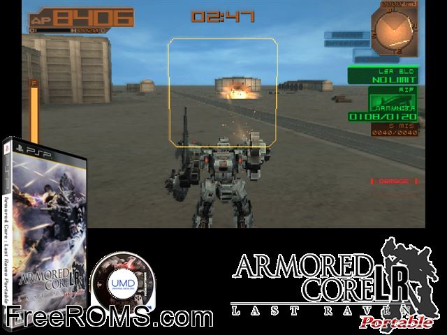 Armored Core - Last Raven Portable (Japan) PSP game showing 3D box cover and gameplay screenshot