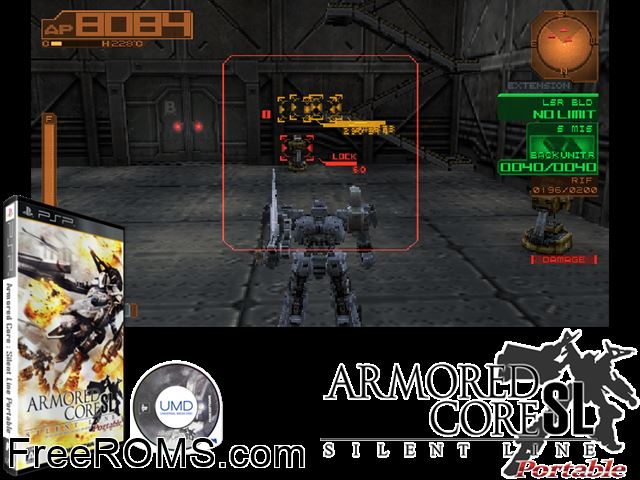 Armored Core - Silent Line Portable PSP game showing 3D box cover and gameplay screenshot