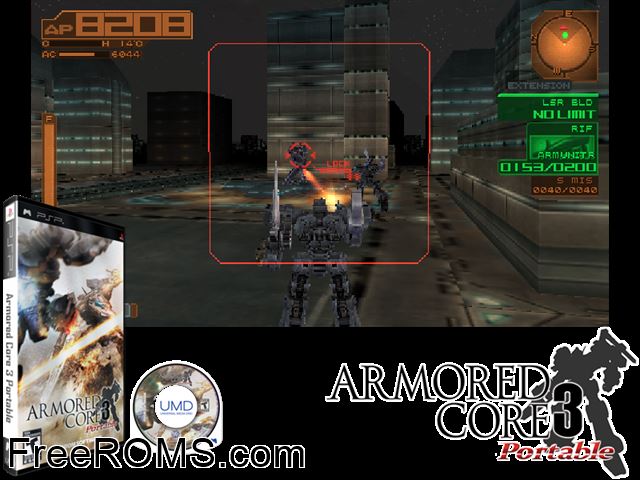 Armored Core 3 Portable PSP game showing 3D box cover and gameplay screenshot