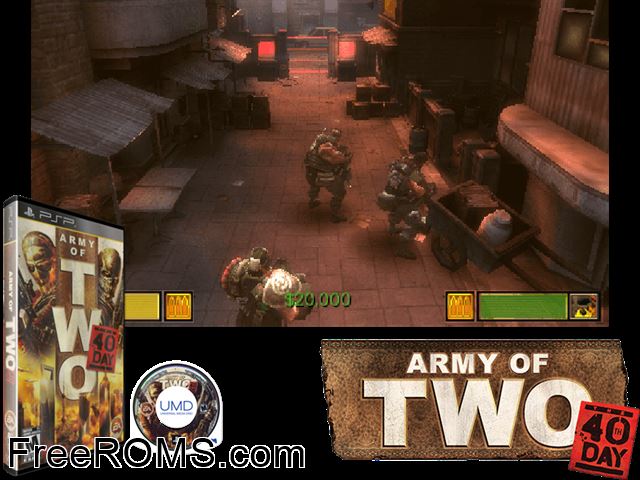 Army of Two - The 40th Day (Japan) PSP game showing 3D box cover and gameplay screenshot