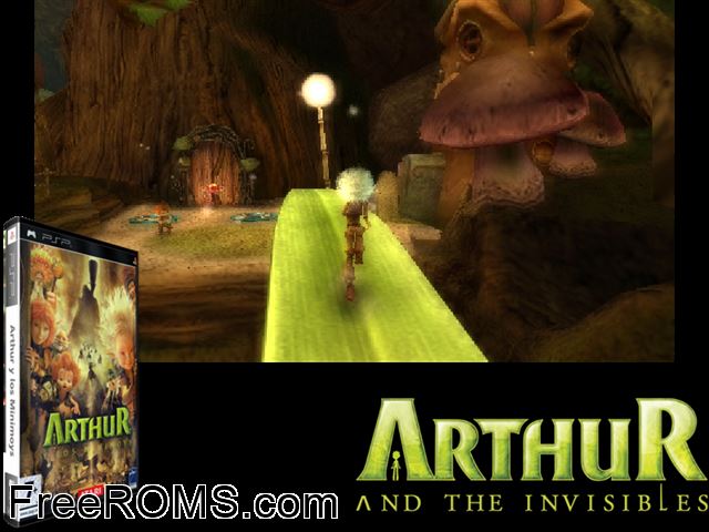 Arthur And The Invisibles (Europe) PSP game showing 3D box cover and gameplay screenshot