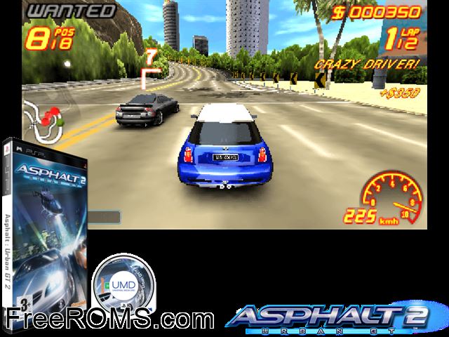 Asphalt - Urban Gt 2 (Europe) PSP game showing 3D box cover and gameplay screenshot