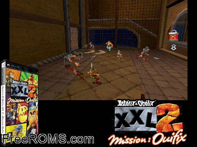 Asterix and Obelix XXL 2 - Mission Wifix (Europe) PSP game showing 3D box cover and gameplay screenshot