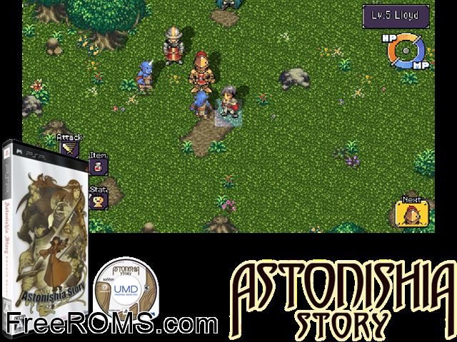 Astonishia Story (Japan) PSP game showing 3D box cover and gameplay screenshot