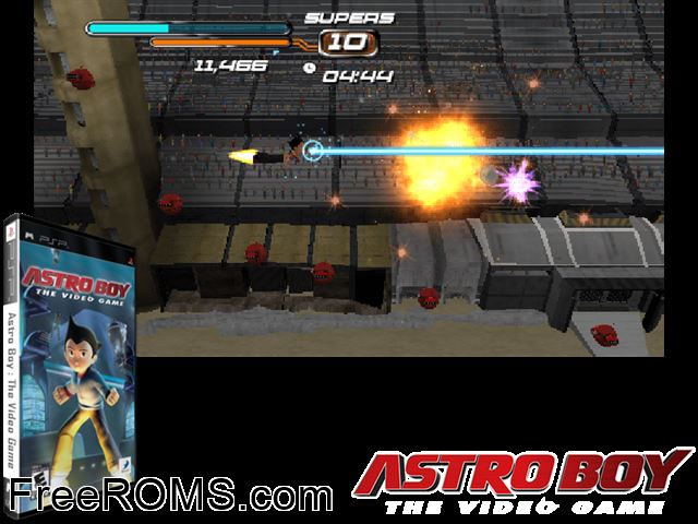 Astro Boy - The Video Game PSP game showing 3D box cover and gameplay screenshot
