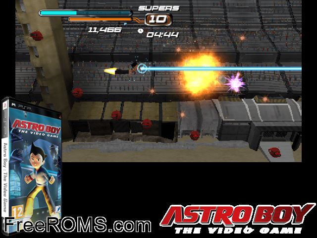 Astro Boy - The Video Game (Europe) PSP game showing 3D box cover and gameplay screenshot