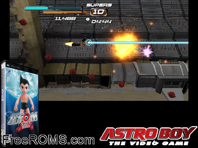 Atom (Japan) PSP game showing 3D box cover and gameplay screenshot